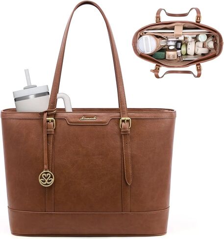 LOVEVOOK Laptop Bag for Women, 15.6 Inch Large Work Tote Bag with 40oz Cup Holder, Waterproof PU Leather Computer Briefcase for Teacher, Professional Business Shoulder Purse Black-White-Brown in Kuwait