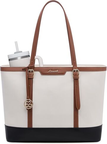 LOVEVOOK Laptop Bag for Women, 15.6 Inch Large Work Tote Bag with 40oz Cup Holder, Waterproof PU Leather Computer Briefcase for Teacher, Professional Business Shoulder Purse Black-White-Brown in Kuwait