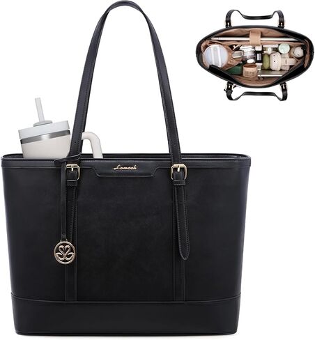 LOVEVOOK Laptop Bag for Women, 15.6 Inch Large Work Tote Bag with 40oz Cup Holder, Waterproof PU Leather Computer Briefcase for Teacher, Professional Business Shoulder Purse Black-White-Brown in Kuwait
