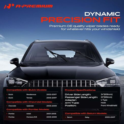 شفرات ممسحة الزجاج الأمامي A-Premium 24 بوصة + 22 بوصة متوافقة مع Buick Rendezvous وTerraza وChevrolet Uplander وPontiac Aztek & Saturn - تناسب ذراع ممسحة J-Hook، مع مؤشر التآكل ومنشفة (عبوة من 2) in Saudi Arabia