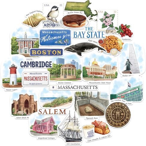 Navy Peony Memorable Massachusetts State Travel Stickers - Hand-Illustrated Watercolor, Matte, Die Cut - for Journals, Scrapbooks, Postcards (28 Pcs) in Kuwait
