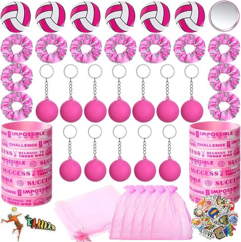 Suncalla 125 Pcs Pink Volleyball Party Favors for Women Bulk Goodie Bags with 3D Stress Keychains Hair Scrunchies Bracelets Mirrors Stickers Sports Supplies for Team Group Player in Kuwait