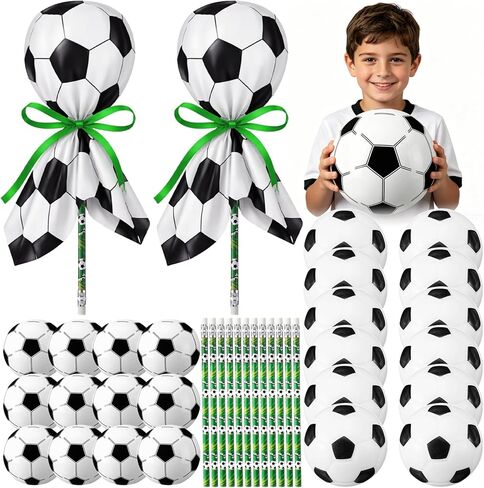 Seenelling 12 Pack Soccer Party Favors Bulk for Kids Toys Lollipop Stationery Set Contains Soccer Beach Balls Stress Balls Pencils for Kid Birthday Gift Classroom Prizes Set Goodie Bag Fillers in Kuwait