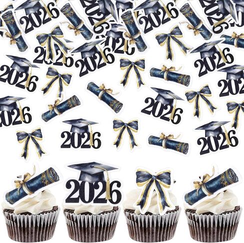 60 PCS Edible 2026 Graduation Cap Cupcake Toppers Wafer Paper Class of 2026 Cake Decorations Edible Congrats Grad Cap Cupcake Picks for 2026 Graduation Theme Party Food Decorations Supplies Gold in Kuwait