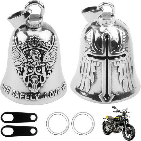Motorcycle Bell Guardian Angel Set for Men and Women, 4PCS Guardian Bell Motorcycle with Skull Angel Wings Cross Charms, Keychain Ring & Mount Bracket, Gifts for Motorcyclists in Kuwait