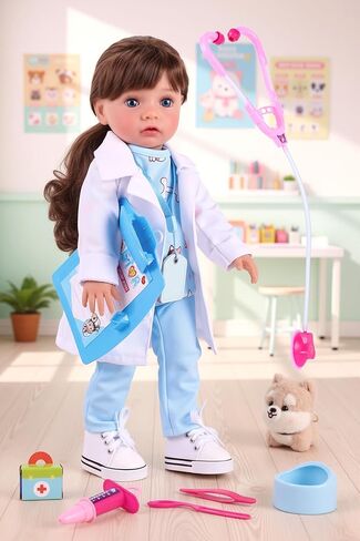 BABESIDE American Realistic Baby Doll Girl - 16-Inch Vet Play Set Dolls with Long Brown Ponytail Complete Toy Accessories for 5+ 6 7 8 9 10 11 12 Years Girl Birthday Gifts, Pretend Play, Christmas in Saudi Arabia