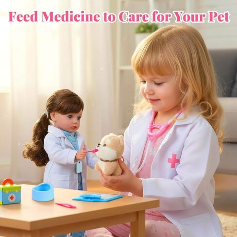 BABESIDE American Realistic Baby Doll Girl - 16-Inch Vet Play Set Dolls with Long Brown Ponytail Complete Toy Accessories for 5+ 6 7 8 9 10 11 12 Years Girl Birthday Gifts, Pretend Play, Christmas in Saudi Arabia