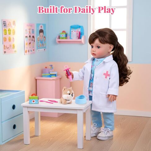 BABESIDE American Realistic Baby Doll Girl - 16-Inch Vet Play Set Dolls with Long Brown Ponytail Complete Toy Accessories for 5+ 6 7 8 9 10 11 12 Years Girl Birthday Gifts, Pretend Play, Christmas in Saudi Arabia