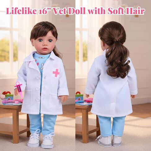 BABESIDE American Realistic Baby Doll Girl - 16-Inch Vet Play Set Dolls with Long Brown Ponytail Complete Toy Accessories for 5+ 6 7 8 9 10 11 12 Years Girl Birthday Gifts, Pretend Play, Christmas in Saudi Arabia