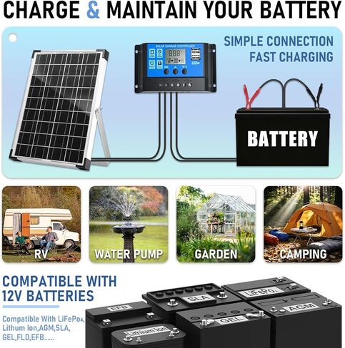 20W 12V/24V Solar Panel Kit, Monocrystalline Solar Battery Trickle Charger Maintainer +10A PWM Charge Controller + Adjustable Mount Bracket for Car, RV, Boat, Motorcycle, Off-Grid System in Saudi Arabia