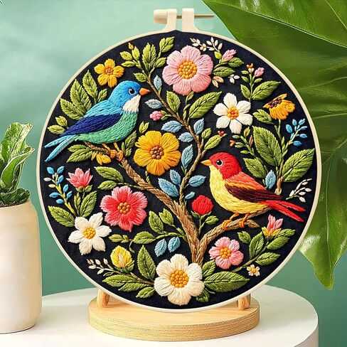 Zhenqing Floral Tree with Birds Embroidery Kit for Beginners, Pre-Printed 29x29cm Cotton Fabric with 20cm Hoop, Colorful Spring Garden Design (C0239) in Saudi Arabia