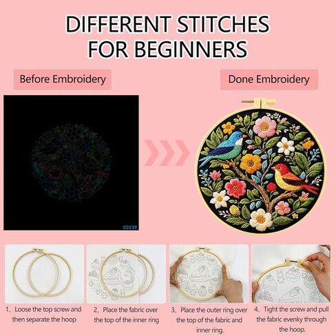 Zhenqing Floral Tree with Birds Embroidery Kit for Beginners, Pre-Printed 29x29cm Cotton Fabric with 20cm Hoop, Colorful Spring Garden Design (C0239) in Saudi Arabia