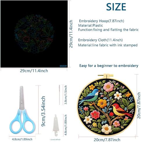 Zhenqing Floral Tree with Birds Embroidery Kit for Beginners, Pre-Printed 29x29cm Cotton Fabric with 20cm Hoop, Colorful Spring Garden Design (C0239) in Saudi Arabia
