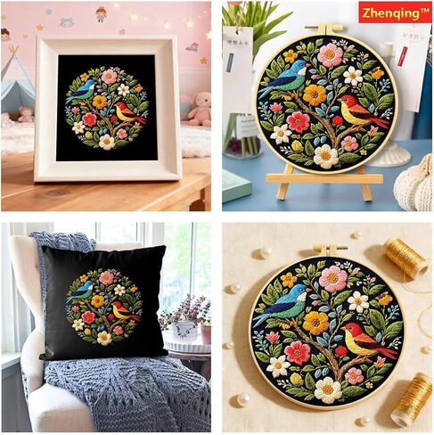 Zhenqing Floral Tree with Birds Embroidery Kit for Beginners, Pre-Printed 29x29cm Cotton Fabric with 20cm Hoop, Colorful Spring Garden Design (C0239) in Saudi Arabia