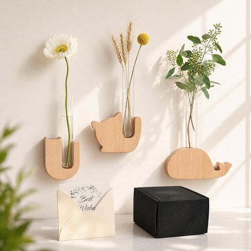 4-Piece Magnetic Wooden Vases - Magnetic Wood Blocks with Test Tubes for Refrigerator & Locker Decor | All-in-One Floral Gift Set with Greeting Card for Mom & Teachers (Walnut) in Saudi Arabia