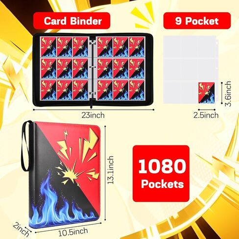 Card Binder 9 Pocket, 1080 Cards Trading Card Binder with 60 Removable Sleeves, Portable Card Binder with Zipper Suitable for TCG, CCG, Sports Cards, Card Sleeves Made of Premium PP Material for Gift in Saudi Arabia
