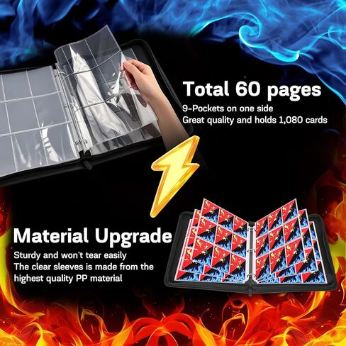 Card Binder 9 Pocket, 1080 Cards Trading Card Binder with 60 Removable Sleeves, Portable Card Binder with Zipper Suitable for TCG, CCG, Sports Cards, Card Sleeves Made of Premium PP Material for Gift in Saudi Arabia