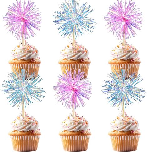 20 Pcs Colorful Firework Shape Cupcake Decorations, Sparkling Colorful Cake Decorations for Various Birthday Party, Anniversary Cake Pastry Decorations （Pink, Blue） in Kuwait