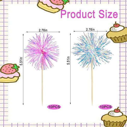 20 Pcs Colorful Firework Shape Cupcake Decorations, Sparkling Colorful Cake Decorations for Various Birthday Party, Anniversary Cake Pastry Decorations （Pink, Blue） in Kuwait