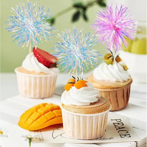 20 Pcs Colorful Firework Shape Cupcake Decorations, Sparkling Colorful Cake Decorations for Various Birthday Party, Anniversary Cake Pastry Decorations （Pink, Blue） in Kuwait