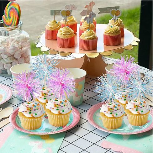 20 Pcs Colorful Firework Shape Cupcake Decorations, Sparkling Colorful Cake Decorations for Various Birthday Party, Anniversary Cake Pastry Decorations （Pink, Blue） in Kuwait