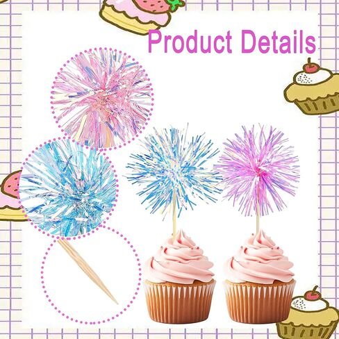 20 Pcs Colorful Firework Shape Cupcake Decorations, Sparkling Colorful Cake Decorations for Various Birthday Party, Anniversary Cake Pastry Decorations （Pink, Blue） in Kuwait