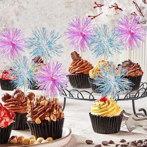 20 Pcs Colorful Firework Shape Cupcake Decorations, Sparkling Colorful Cake Decorations for Various Birthday Party, Anniversary Cake Pastry Decorations （Pink, Blue） in Kuwait