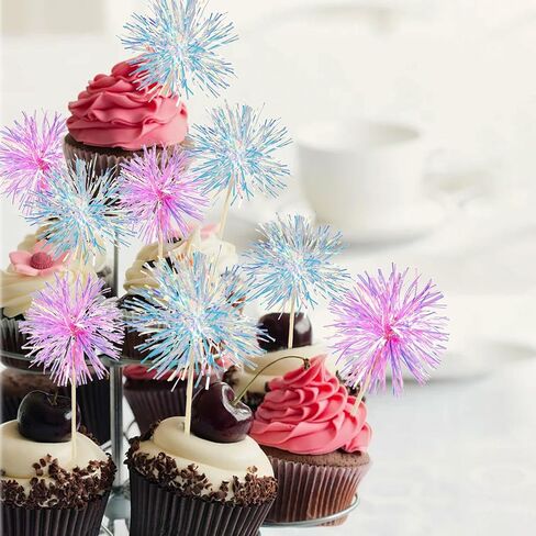 20 Pcs Colorful Firework Shape Cupcake Decorations, Sparkling Colorful Cake Decorations for Various Birthday Party, Anniversary Cake Pastry Decorations （Pink, Blue） in Kuwait
