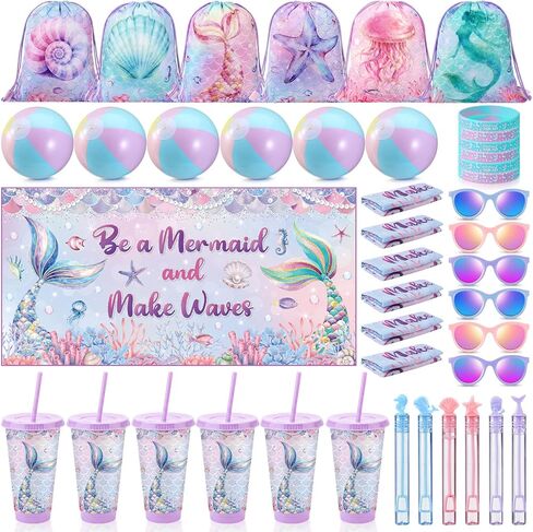 Honeydak 6 Set Mermaid Party Favors for Kids Summer Purple Pink Scales Drawstring Bag Tumbler Beach Towels Ball Bulk for Ocean Pool Beach Under the Sea Birthday Bridal Shower Party Decor Summer Gifts in Kuwait