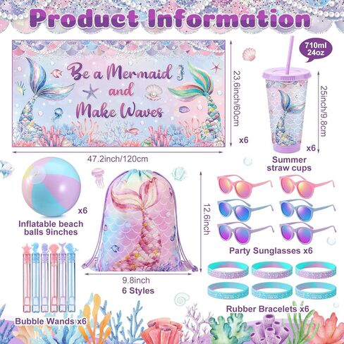 Honeydak 6 Set Mermaid Party Favors for Kids Summer Purple Pink Scales Drawstring Bag Tumbler Beach Towels Ball Bulk for Ocean Pool Beach Under the Sea Birthday Bridal Shower Party Decor Summer Gifts in Kuwait