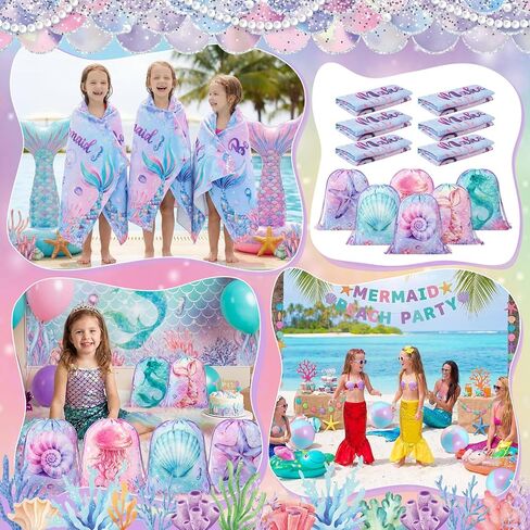Honeydak 6 Set Mermaid Party Favors for Kids Summer Purple Pink Scales Drawstring Bag Tumbler Beach Towels Ball Bulk for Ocean Pool Beach Under the Sea Birthday Bridal Shower Party Decor Summer Gifts in Kuwait