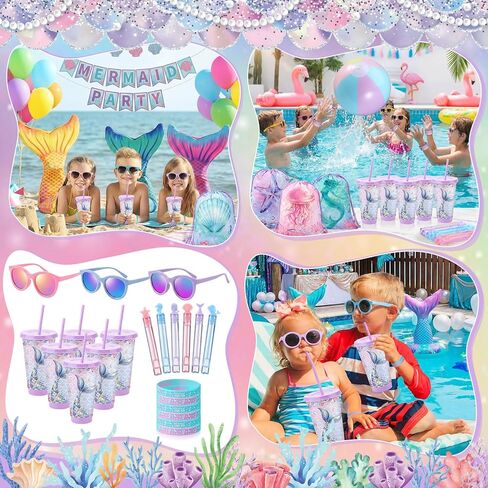 Honeydak 6 Set Mermaid Party Favors for Kids Summer Purple Pink Scales Drawstring Bag Tumbler Beach Towels Ball Bulk for Ocean Pool Beach Under the Sea Birthday Bridal Shower Party Decor Summer Gifts in Kuwait
