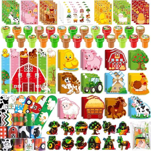 BenLouis 192 Pcs Farm Animal Party Favors Barnyard Animal School Stationery Bulk for Kids Classroom Barn Birthday Gift Candy Goodie Bag Fillers Farmhouse Decor Pinata Prize Activity Supplies in Kuwait