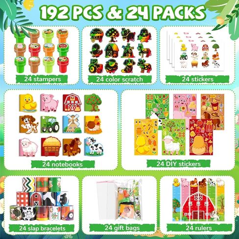BenLouis 192 Pcs Farm Animal Party Favors Barnyard Animal School Stationery Bulk for Kids Classroom Barn Birthday Gift Candy Goodie Bag Fillers Farmhouse Decor Pinata Prize Activity Supplies in Kuwait