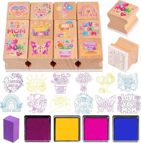 HOWAF 12pcs Mother's Day Wooden Stamps, Happy Mother's Day Rubber Stamps for Crafting, Best Mom Craft Inking Stamp Pads Set for Crafting and DIY Scrapbooking Card Making Hand Book in Kuwait