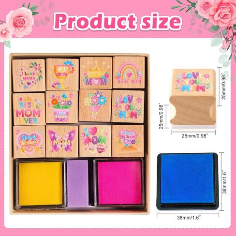 HOWAF 12pcs Mother's Day Wooden Stamps, Happy Mother's Day Rubber Stamps for Crafting, Best Mom Craft Inking Stamp Pads Set for Crafting and DIY Scrapbooking Card Making Hand Book in Kuwait
