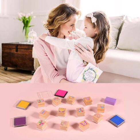HOWAF 12pcs Mother's Day Wooden Stamps, Happy Mother's Day Rubber Stamps for Crafting, Best Mom Craft Inking Stamp Pads Set for Crafting and DIY Scrapbooking Card Making Hand Book in Kuwait