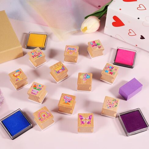 HOWAF 12pcs Mother's Day Wooden Stamps, Happy Mother's Day Rubber Stamps for Crafting, Best Mom Craft Inking Stamp Pads Set for Crafting and DIY Scrapbooking Card Making Hand Book in Kuwait