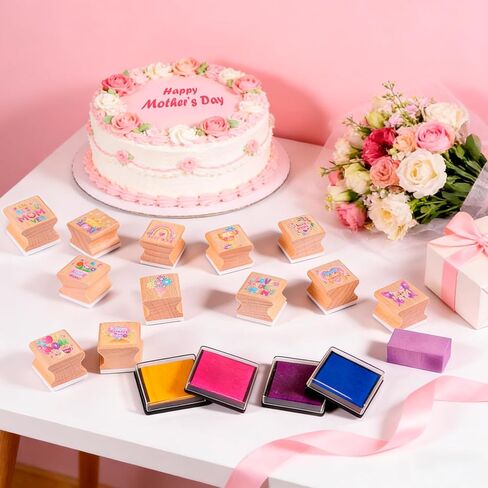 HOWAF 12pcs Mother's Day Wooden Stamps, Happy Mother's Day Rubber Stamps for Crafting, Best Mom Craft Inking Stamp Pads Set for Crafting and DIY Scrapbooking Card Making Hand Book in Kuwait
