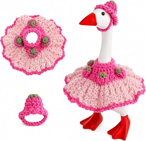 Handmade Crochet Desk Goose Outfits 7 Inch, Pink Strawberry Puffy Dress and Hat for Mini Magnetic Porch Goose Statue, Cute Knitting Geese Decor Accessories for Summer, Birthday, Easter in Saudi Arabia