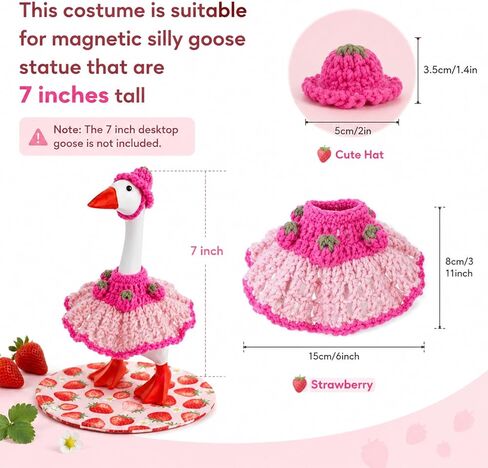 Handmade Crochet Desk Goose Outfits 7 Inch, Pink Strawberry Puffy Dress and Hat for Mini Magnetic Porch Goose Statue, Cute Knitting Geese Decor Accessories for Summer, Birthday, Easter in Saudi Arabia