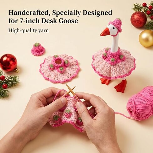 Handmade Crochet Desk Goose Outfits 7 Inch, Pink Strawberry Puffy Dress and Hat for Mini Magnetic Porch Goose Statue, Cute Knitting Geese Decor Accessories for Summer, Birthday, Easter in Saudi Arabia