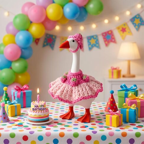 Handmade Crochet Desk Goose Outfits 7 Inch, Pink Strawberry Puffy Dress and Hat for Mini Magnetic Porch Goose Statue, Cute Knitting Geese Decor Accessories for Summer, Birthday, Easter in Saudi Arabia