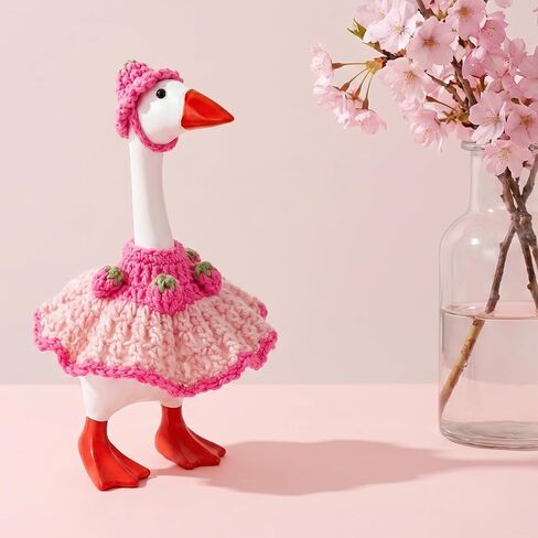 Handmade Crochet Desk Goose Outfits 7 Inch, Pink Strawberry Puffy Dress and Hat for Mini Magnetic Porch Goose Statue, Cute Knitting Geese Decor Accessories for Summer, Birthday, Easter in Saudi Arabia