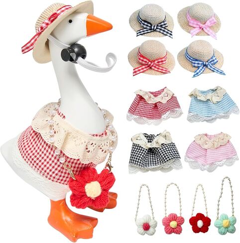 4 Set 7 Inch Desk Goose Outfits, Mini Dresses with Hat, Floral Skirt, Ornament, Dress-Up Clothes for Desktop Goose, Spring & Summer Desk Decor Accessories in Kuwait