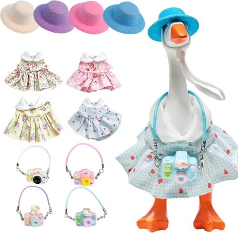 4 Set 7 Inch Desk Goose Outfits, Mini Dresses with Hat, Floral Skirt, Ornament, Dress-Up Clothes for Desktop Goose, Spring & Summer Desk Decor Accessories in Kuwait