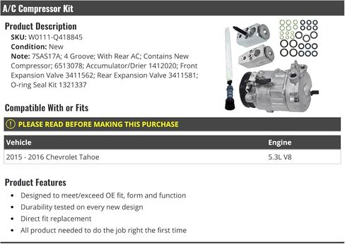 Marketplace Auto Parts A/C Compressor Kit - Compatible with 2015-2016 Chevy Tahoe 5.3L V8 with Rear AC W0111-Q418845 in Kuwait
