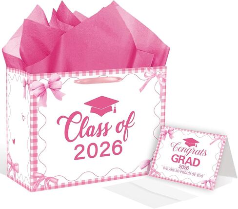 ONANNA 2026 Graduation Gift Bag with Tissue Paper and Card with Envolope for Women Girls Pink Bow Coquette Grad Gifts Wrapping Bag for Her, Girly Class of 2026 Graduation Party Supplies in Saudi Arabia