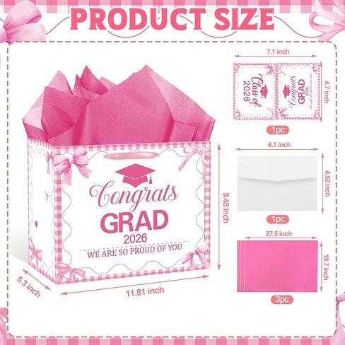 ONANNA 2026 Graduation Gift Bag with Tissue Paper and Card with Envolope for Women Girls Pink Bow Coquette Grad Gifts Wrapping Bag for Her, Girly Class of 2026 Graduation Party Supplies in Saudi Arabia