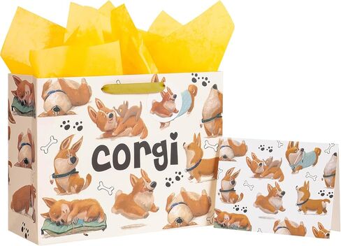 Loveinside Dachshund Gift Bag for Boys Girls, Cut Sausage Dog Dressed-Up Design with Paw Prints, Green Medium Gift Bag with Tissue Paper, Tag, Card for Birthday, Pet Party, 10" x 5" x 13", 1 Pcs in Kuwait